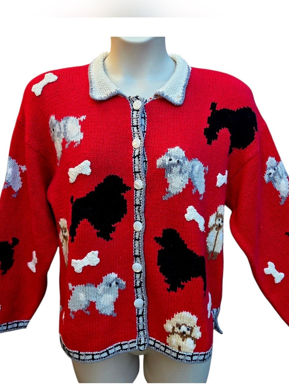 Vtg Cardigan Bay Hand Knitted Dogs Cardigan Sweater Ramie Cotton Sz L Red Black
